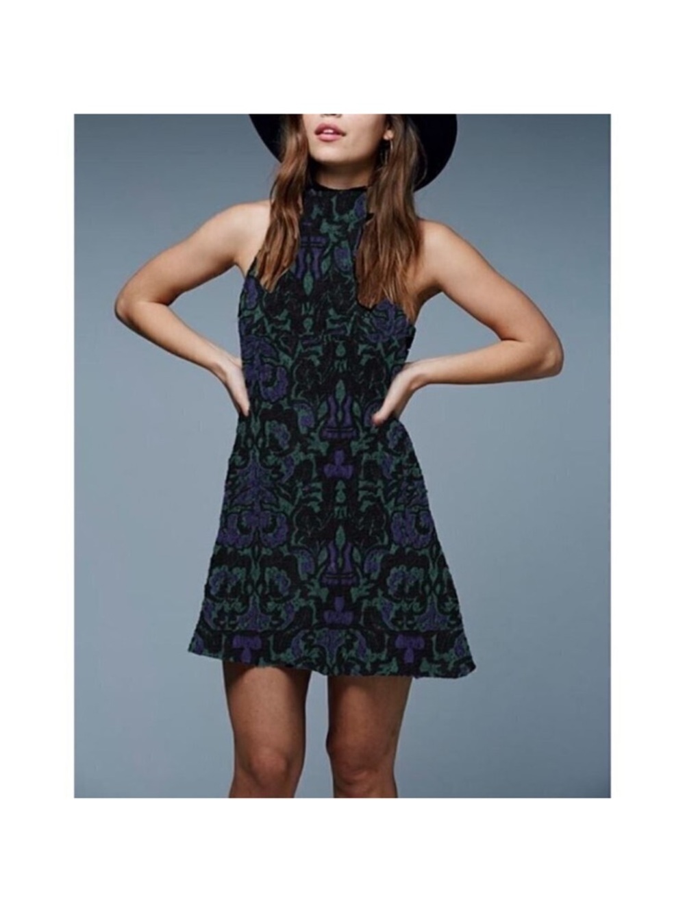 Free People Amelia Knit Jacquard Sleeveless Halter Mini Dress, S